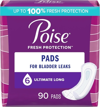 Incontinence Pads & Postpartum Incontinence Pads, 6 Drop Ultimate Absorbency, Long Length, 90 Count (2 Packs of 45), Packaging May Vary