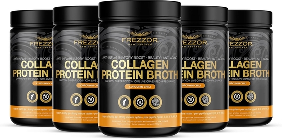100% Grass-Fed Collagen Protein Bone Broth with UAF1000+, Peptides Type I II III V VI VIII IX, Anti-Aging, Weight-Loss, Improves Digestion, Curcumin Chili Flavor, 3000g, 5 Jars