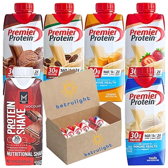 Premier Protein Shake| Variety Pack of Chocolate, Vanilla, Caramel, Cafe Latte, Strawberries |30g Protein, 1g Sugar, 24 Vitamins & Minerals, Nutrients to Support Immune Health | 11 Fl Oz (Pack of 6) | Every Order is Elegantly Packaged in a Signature  Branded Box!