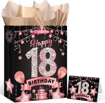 Rose Gold 18th Birthday Gift Bag with Happy 18th Birthday Greeting Card and Tissue Paper for Girls Rose Gold 18th Birthday Gift Wrap Bag with Handles for 18th Birthday Party Decorations Supplies