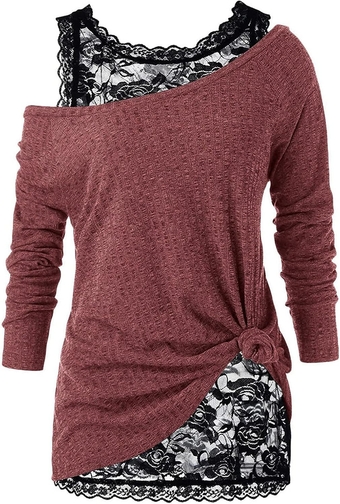 Womens Tops Casual Lace Knit Sweatshirt Long Sleeve T Shirts Fall Tunic Top Fitted Pullover Basic Tee 2 Piece Outfits