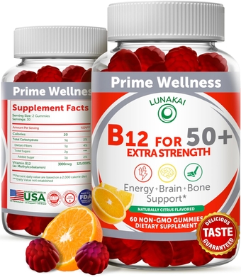 Vitamin B12 Gummies for Adults 50 Plus - Delicious Proprietary Formula - Energy & Vitality Boost, High Strength B12 Supplements Non-GMO, 60ct
