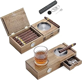 Cigar Humidor Solid Wood Cigar Set Ashtray,5-In-1 Cigar Humidor Box with Wine Holder,Cedar Cigar Humidor, Metal ...