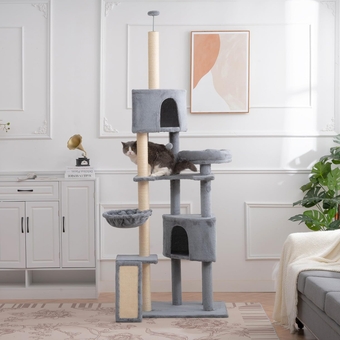 Cat Tree, 105-Inch Cat Tower for Indoor Cats, Plush Multi-Level Cat Condo with 3 Perches & 2 Caves, Cozy Basket and Scratching Board, Gray (L(29.5''L*21.6''W*104.3''H))