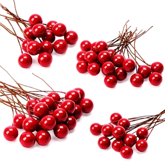 150 Pcs Christmas Red Berry Stem Artificial Holly with Wire, 10mm Fake Berry Miniature Ornaments, Decorative Bead Sticks for Christmas Tree, Christmas Wreath DIY Craft, Holiday Party Supplies