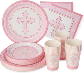 Royal Bluebonnet Pink Baptism Plates and Napkins Set of 24 First Communion Plates and Napkins (7 & 9 Inch), Disposable Party Supplies Baptism Decorations for Girls