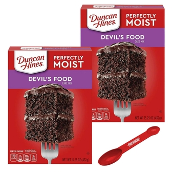 Devil's Food Cake Delight Bundle by Prendere - Duncan Hines Perfectly Moist Devil's Food Cake Mix with Exclusive Branded Measuring Spoon, Rich Chocolate Taste, 2 Boxes