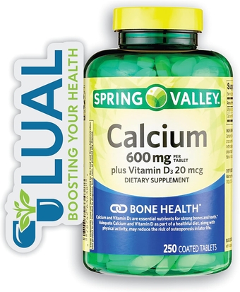 Calcium Plus Vitamin D. Includes Luall Sticker + Spring Valley Calcium Plus Vitamin D Tablets Dietary Supplement, 600 mg, 250 Coated Tablets