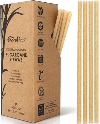 Biodegradable Sugarcane Straws | 150 Count, 100% Compostable, Plastic-Free, & Eco-Friendly Drinking Straws | 7.8'' Sugar Fiber Disposable Straws, Smoothie Straws for Home, Restaurant, Parties