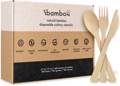 Bamboo Cutlery Set - 600 Biodegradable Utensils (300 Forks, 150 Spoons, 150 Knives) | Reusable or Disposable Bamboo Flatware | Compostable Eco-Friendly Utensils for Weddings, Camping, Parties