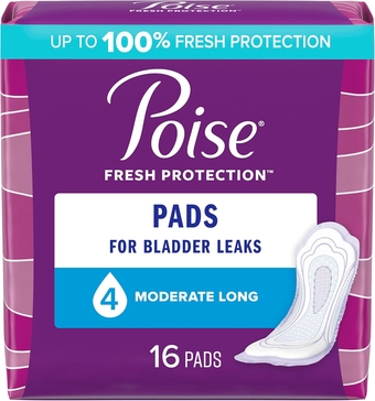 Incontinence Pads & Postpartum Incontinence Pads, 4 Drop Moderate Absorbency, Long Length, 16 Count, Packaging