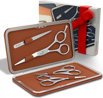 Premium Beard & Mustache Scissors Set/Kit with Beard Scissors for Men - Grooming Scissors Men/Facial Hair Scissors/Nose Scissors - Eyebrow Scissors - Slant Tweezers (4 Pcs Brown)