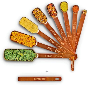 lb Copper Measuring Spoons Set of 9 Includes Bonus Leveler, Premium, Rust Proof, Heavy Duty, Copper Plated, Stainless Steel Metal, Narrow, Long Handle Design fits into Spice Jars