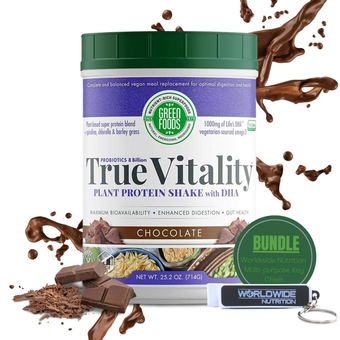 Bundle,2 Items: Green Foods True Vitality Pure Nourish Shakes - Vegan Meal Replacement Protein Shake Powder with DHA for Gut Health - 25.2oz Chocolate and Multi-Purpose Key Chain