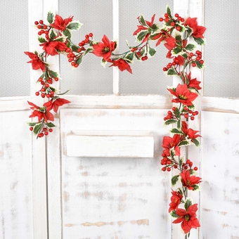 6FT Berry Christmas Garland with Poinsettia Berries Winter Artificial Greenery Garland for Holiday Season Mantel Fireplace Table Runner Centerpiece New Year Decoration