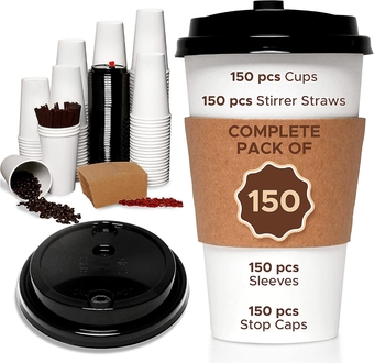 150 Pack 16oz Disposable Coffee Cups with Lids, Sleeves and Straws - To Go Coffee Cups 16 oz White Paper Cups - Insulated Hot Cups Bulk Disposable Cups - Small Business Togo, Tea, Hot Chocolate, Cocoa