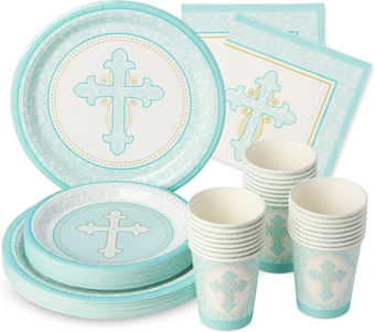 Royal Bluebonnet Blue Baptism Plates and Napkins -Set of 24- First Communion Paper Plates (7 and 9 Inch), Napkins and Cups- Disposable Party Supplies for Confirmation, Easter, Baptism for Boys
