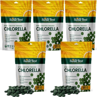 Chlorella Tablets Mega-Pack 1000 Tablets Cracked Cell, Raw, Non-GMO. 100% Pure Chlorella Pyrensoidosa. Green Superfood. High Protein, Chlorophyll & Nucleic acids. No preservatives or fillers - 5-Pack