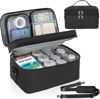 2 Layers Medicine Storage Organizer Bag with 2 Portable Pouch, Pill Bottle Organizer Bag for Pills, Vitamin, Fish Oil, Lockable Medicine Storage Bag for Home and Travel (Black)