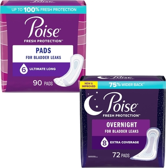 Incontinence Pads & Postpartum Incontinence Pads for Women Bundle: 6 Drop Ultimate Absorbency, Long Length, 90ct and 8 Drop Overnight Absorbency, Extra-Coverage Length, 72ct