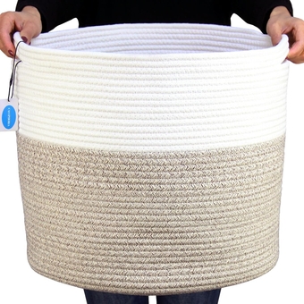 Large Cotton Rope Storage Baskets with Handles for Organizing,Round Woven Baskets for Blanket Pillows,Tall Woven Cotton Rope Laundry Hampe for Bedroom Bathroom LivingRoom