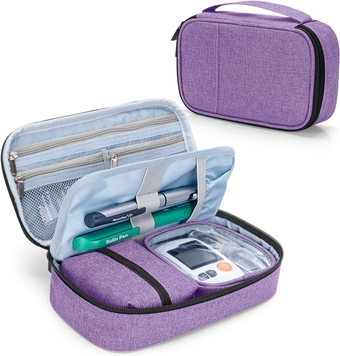 Diabetic Supplies Bag for Glucose Meter, Medication, Insulin Pens and Other Diabetes Care Supplies, Diabetes Travel Organizer Case with Detachable Pouches, Purple (Bag Only)