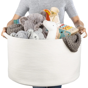 XXL Cotton Rope Basket (22”x14”), Off-White, 100% Cotton, Extra Large Woven Storage Basket, Blanket Basket Living Room, Toy Storage Basket, Pillow Basket, Laundry Basket, Round Basket, Baby Hamper