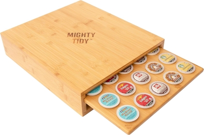 Bamboo Coffee Pod Organizer - Sturdy, Space Saving Countertop & Under Brewer Storage Drawer - Holds 30 K Cups - Wide to Fit All K Cup Machines - Spill Resistant - 13"x15"x3"