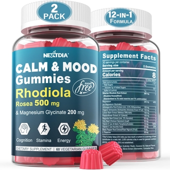 Sugar Free Calm Mood Support Rhodiola Rosea 500 mg Gummies Supplement w/Magnesium, Ashwagandha, Schisandra Berry, Lemon Balm,L-Theanine-Relief Stress & Focus,𝖤𝗇𝖽𝗎𝗋𝖺𝗇𝖼𝖾,Energy & Immune, 2Packs