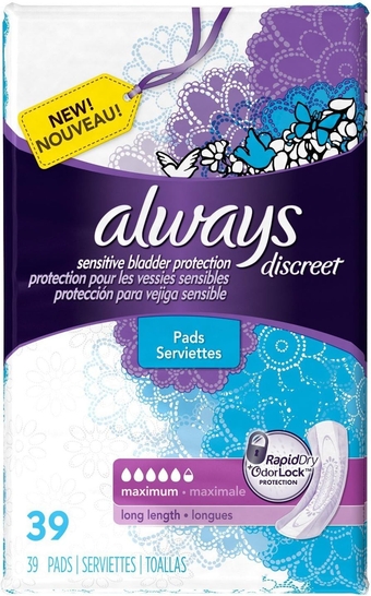 Discreet Incontinence Maximum Absorbency Pads, Long 39 ea (Pack of 3)