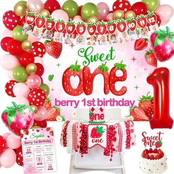 Berry First Birthday Party Supplies, Sweet One Birthday Party Decorations Strawberry First Birthday Decorations For Girl Berry First Birthday High Chair Banner Balloon Garland Crown Backdrop