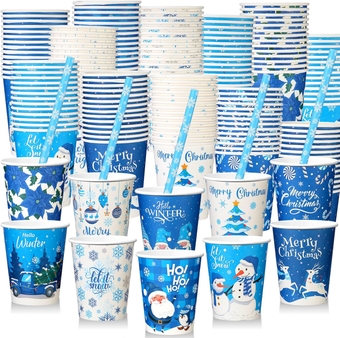 150 Pcs Christmas Paper Coffee Cups with 150 Pcs Straws 9 oz Xmas Disposable Cups Santa Claus Snowman Elk Hot Cocoa Cups for Christmas Holiday Party Drinkware Supplies(Snowflake)