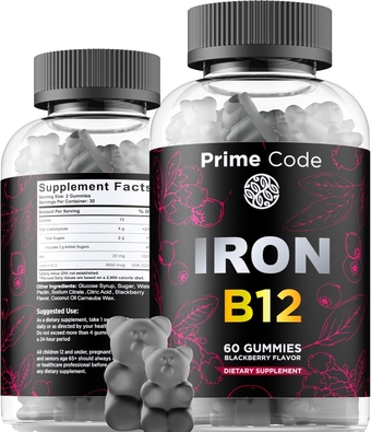 Iron Gummies for Women & Men with Vitamin B12, 20mg Iron Supplement for Adults, Free Blood Builder for Anemia, Vitamin B12 Gummies with Iron & Natural Blackberry Flavor, Vegan, Non-GMO, 30 Day Supply