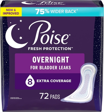 Incontinence Pads & Postpartum Incontinence Pads, 8 Drop Overnight Absorbency, Extra-Coverage Length, 72 Pads (2 Packs of 36), Packaging May Vary