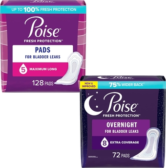 Incontinence Pads & Postpartum Incontinence Pads for Women Bundle: 5 Drop Maximum Absorbency, Long Length, 128ct and 8 Drop Overnight Absorbency, Extra-Coverage Length, 72ct