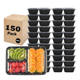 150 Pack Meal Prep Containers, 43 OZ Bento Box, 3 Compartment Divided Food Storage Containers Durable Stackable Reusable, For Microwave/Dishwasher/Freezer（150 Trays & 150 Lids）