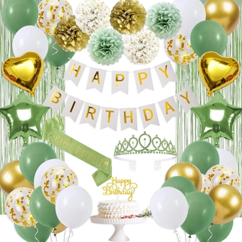 Sage Green Birthday Decorations for Women Girls Gold and Green Party Decor Set with Happy Birthday Banner and Balloons, Sash and Crown, Curtains, Balloon Decorations Kit