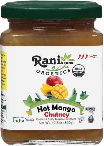 Rani Organic Hot Mango Chutney (Spicy Indian Preserve) 10.5oz (300g) Glass Jar, Ready to eat ~ All Natural | Vegan | Gluten Free | No Colors | NON-GMO | Kosher | Indian Origin | USDA Certified Organic