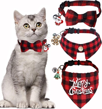 3 Pack Christmas Cat Collars with Bell, Breakaway Holiday Christmas Cat Kitten Collars with Bowtie Bandana Shirt Bell Santa Christmas Tree Snowflake for Christmas Cats Kittens Costumes Outfits