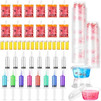 120 Pcs Halloween Party Supplies Include 20 Blood Bags for Drinks 50 Pcs 2 oz Jelly Shot Cups with Lids 20 Jelly Shot Syringes for Halloween Accessories Zombie Vampire Nurse Props Decorations