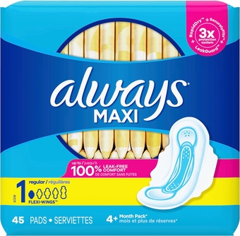 Maxi Feminine Pads for Women, Size 1 Regular Absorbency, with Wings, Unscented, 45 Count