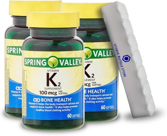 Spring Valley, K2 Vitamin Supplement, Softgel 100 Mcg, 60 Count Dietary Supplement + 7 Day Pill Organizer Included (Pack of 3)