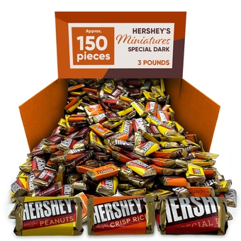 Hershys Miniatures Special Dark 3LB Approx 150 Pieces - Bulk Chocolate Individually Wrapped Snacks - Mildly Sweet Chocolate Assortment Chocolate Special Dark Chocolate With Peanuts & Crisp Rice - Chocolate Candy Bulk Snack Boxes for Adults - Chocolate Bar Miniatures Fastbreak Ideal for Gift Basket, Office Candy, Pinata Stuffers - Perfec Mini Snacks For Sharing