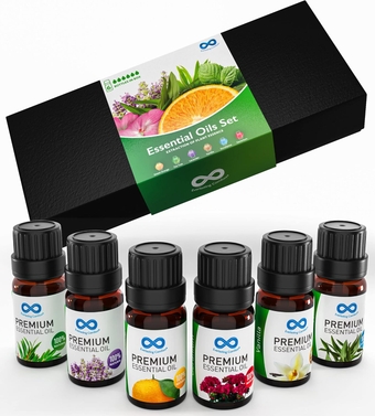 Pure Essential Oils Set - Natural Aromatherapy Essential Oils for Diffuser, Humidifier, Home, Skin - Lavender, Geranium, Vanilla, Eucalyptus, Tea Tree, Sweet Orange Fragrance Kit