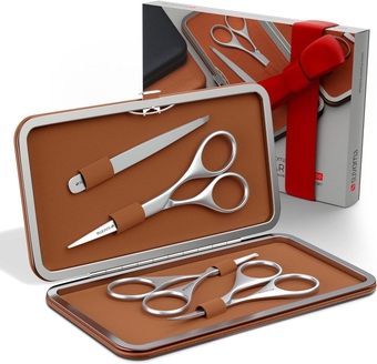 Premium Beard & Mustache Scissors Set/Kit with Beard scissors for men - Grooming Scissors men/Facial Hair Scissors/Nose scissors - Eyebrow Scissors - Slant Tweezers (4 Pcs Brown)