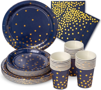 Royal Bluebonnet Blue and Gold Party Supplies -Service for 24- Navy Blue Paper Plates (7 and 9 Inch), Napkins and Cups- 400 GSM Sturdy Navy Blue and Gold Dinnerware set for Graduation, Anniversary