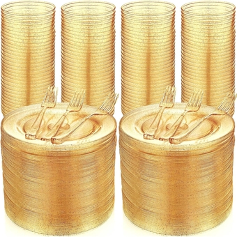 450 Pcs Plastic Dinnerware Set 150 Glitter Plastic Plates 7.5inch, 150 Disposable Plastic Cup, 150 Dessert Forks for 150 Guest Party or Wedding Supplies (Gold)
