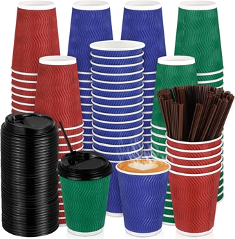 Set of 150 Disposable Coffee Cups with Lids and Straws Christmas 12 Ounces Insulated Ripple Cups Triple Layer Paper Cup for Beverages Espresso Tea Hot or Cold Drinks, Red, Green, Royal Blue