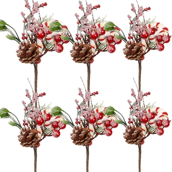 6PC Christmas Pine Picks Artificial Red Berry Pine Branches Faux Pine Stems for Floral Arrangement Wreath Garland Holiday Season Decor