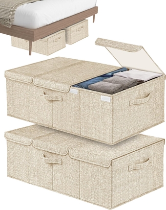 Deep Under Bed Storage Container, 2 Pack 10" High 31" Long Large Underbed Box Storage Bins with Lids and Hard Bottom, for Closet, Bedroom, Dorms, Clothes, Bed sheets, blankets, Beige